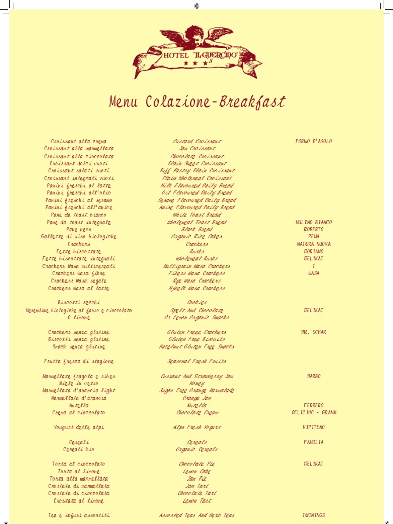 Menu Sala Colazioni Hotel Il Guercino Bologna | PDF