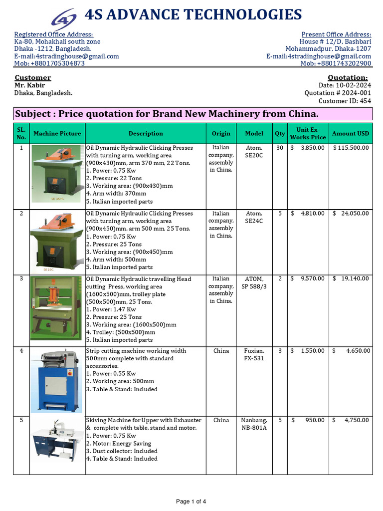 Machinery Quotation for Mr. Kabir | PDF | Sewing Machine | Machines