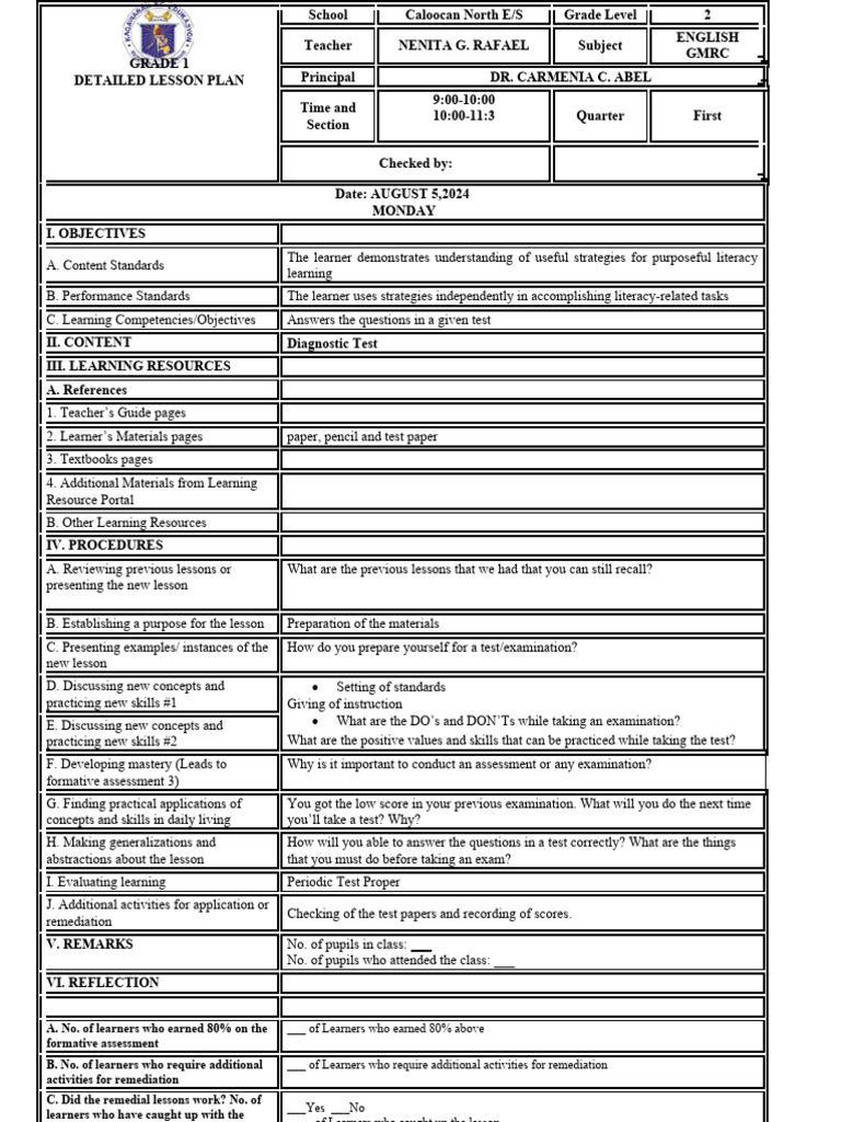 Grade 2 English Lesson Plan Overview | PDF | Educational Assessment ...