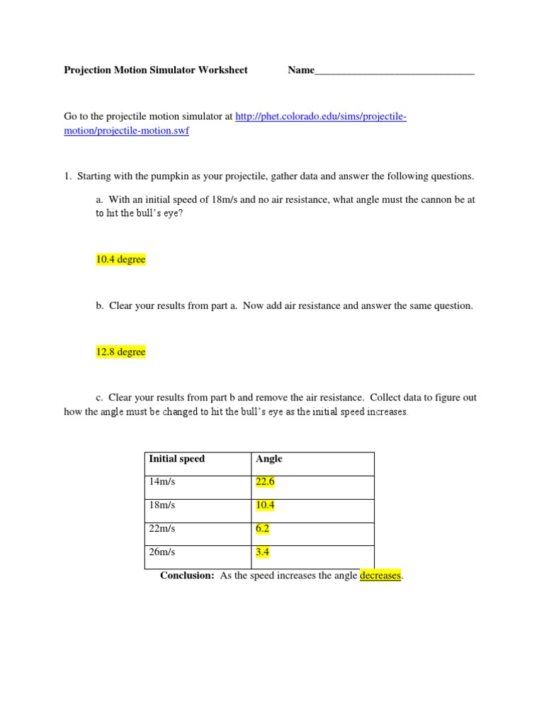 Worksheets Projectile Motion Worksheet With Answers projectile motion simulator worksheet drag physics mass