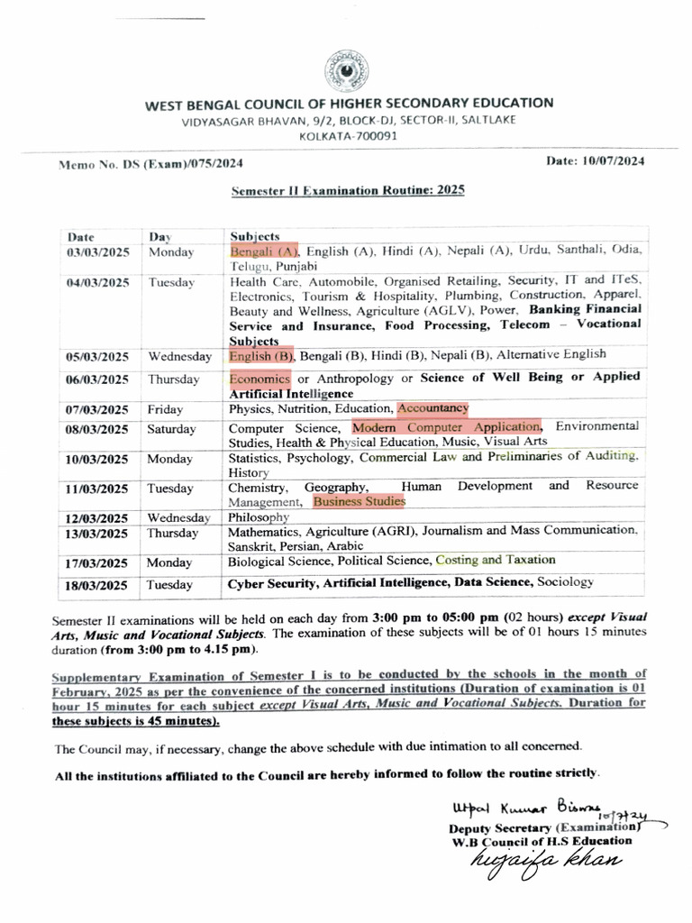WBCHSE Semester I Exam Routine 2025 | PDF | Science