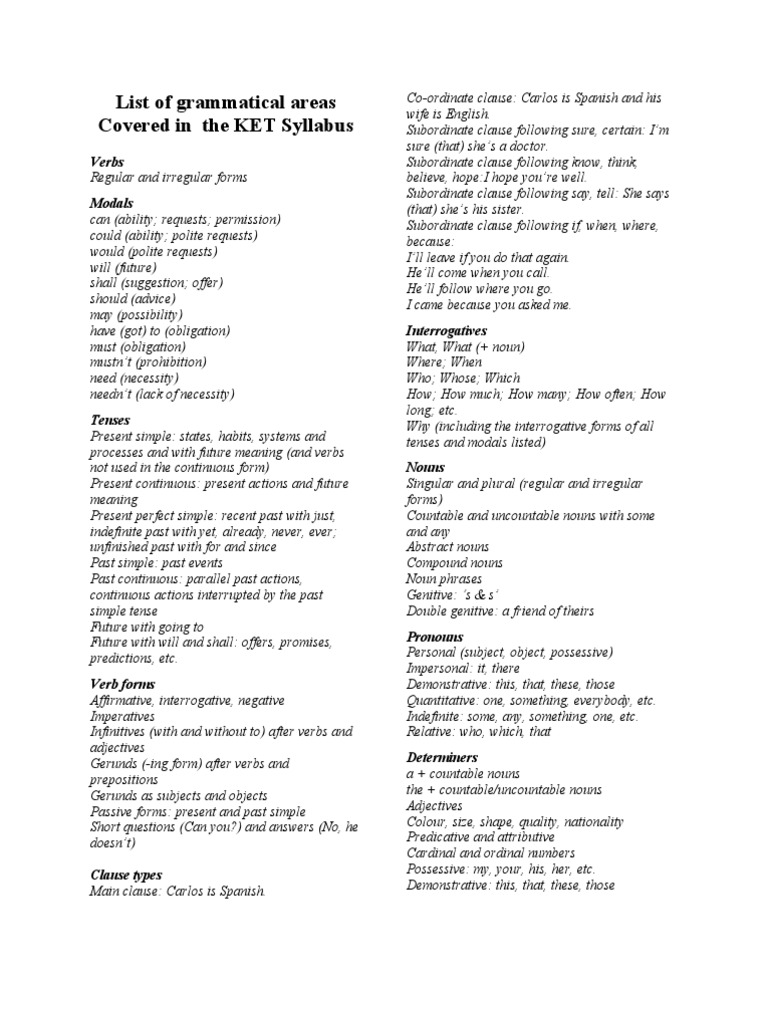 KET Grammar Topics Overview | PDF | Noun | Verb