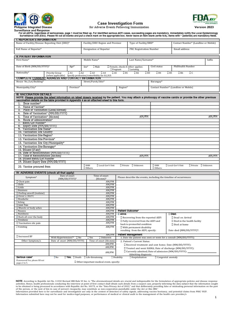 AEFI Case Investigation Form 2023 | PDF | Medical Diagnosis | Health Care