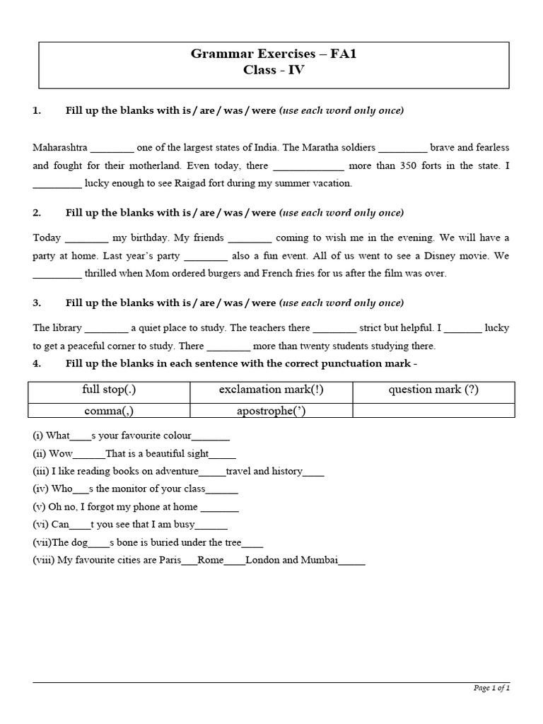 Extra Grammar Exercises Class 4 For FA1 | PDF