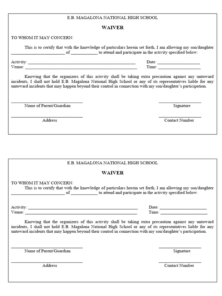 E.B. Magalona School Activity Waiver | PDF