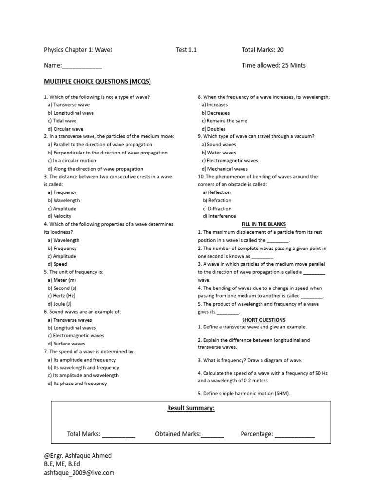 Physics Test 1 Ch 10 Pdf Waves Wavelength