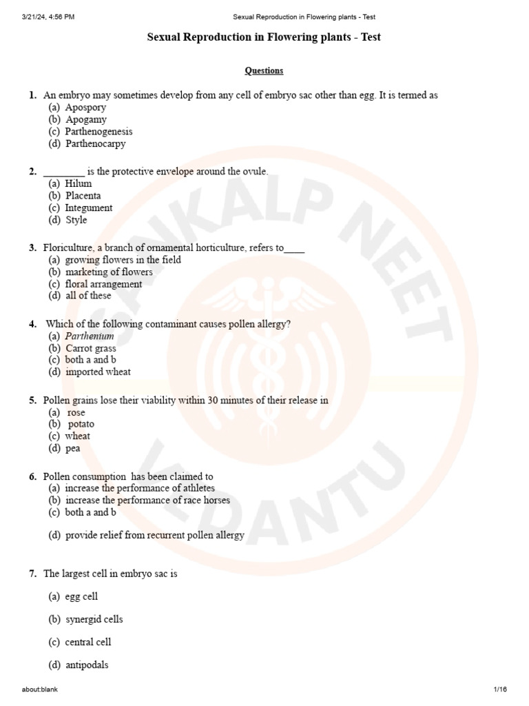 Sexual Reproduction in Flowering Plants Test | PDF | Plants ...