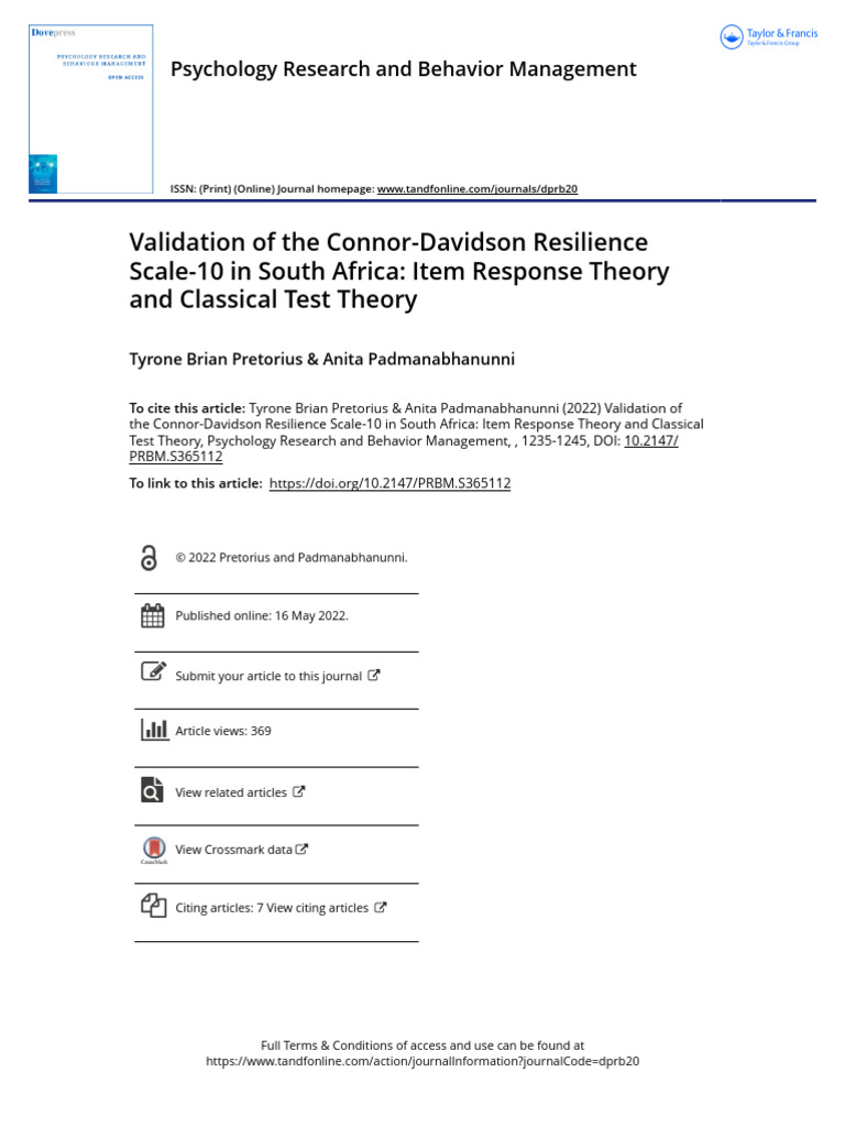Validation of CD-RISC-10 in South Africa | PDF | Psychological ...