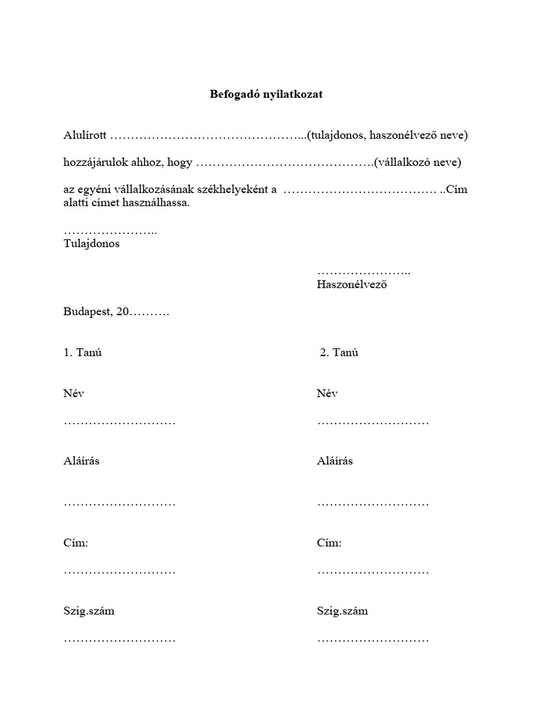 Egyeni Vallalkozo Szekh Bef Nyilatkozat | PDF