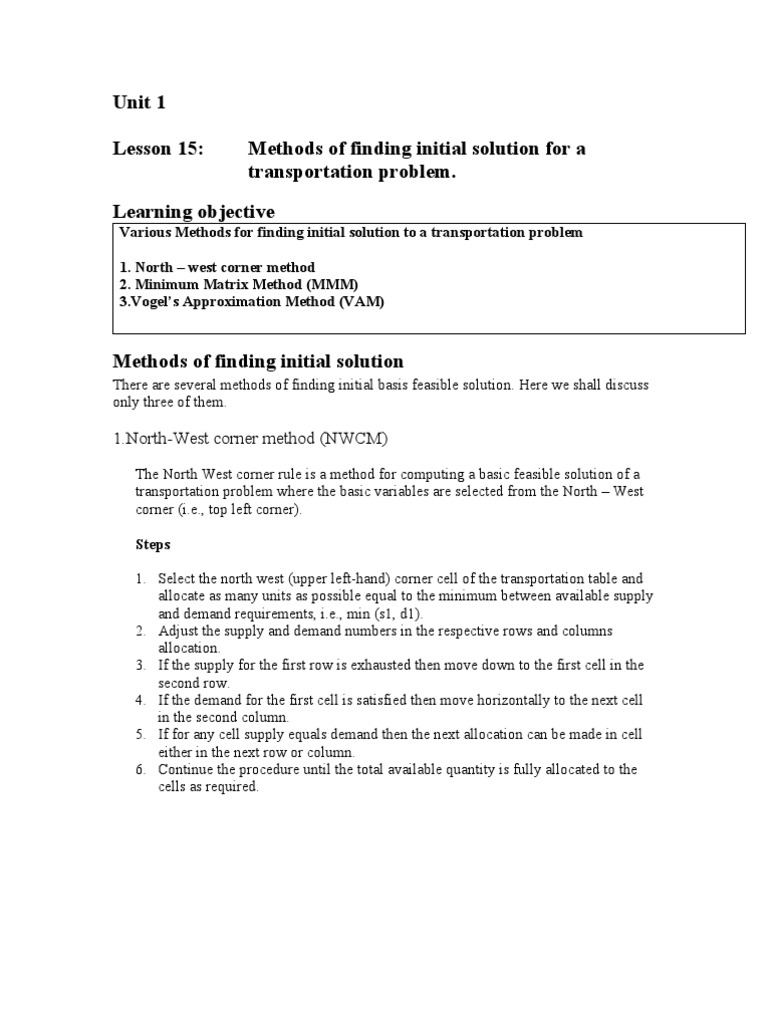 Lesson 15 Methods of Finding Initial Solution Fora Transportation ...