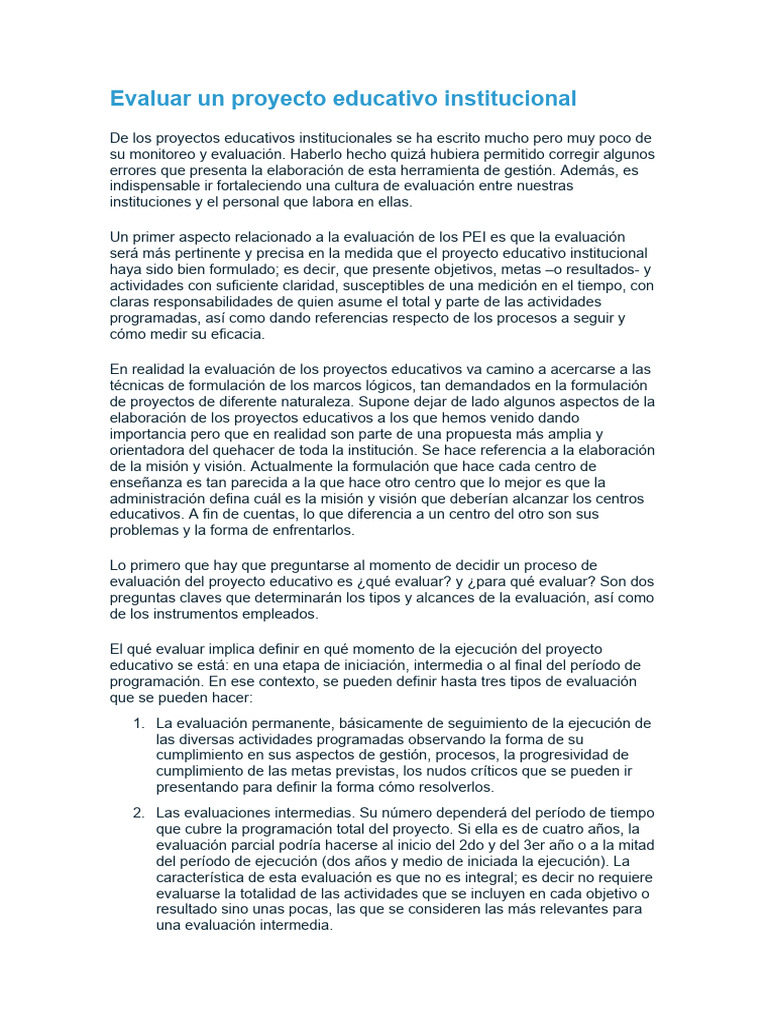 Cómo Evaluar Un Proyecto Educativo Institucional | PDF | Evaluación ...
