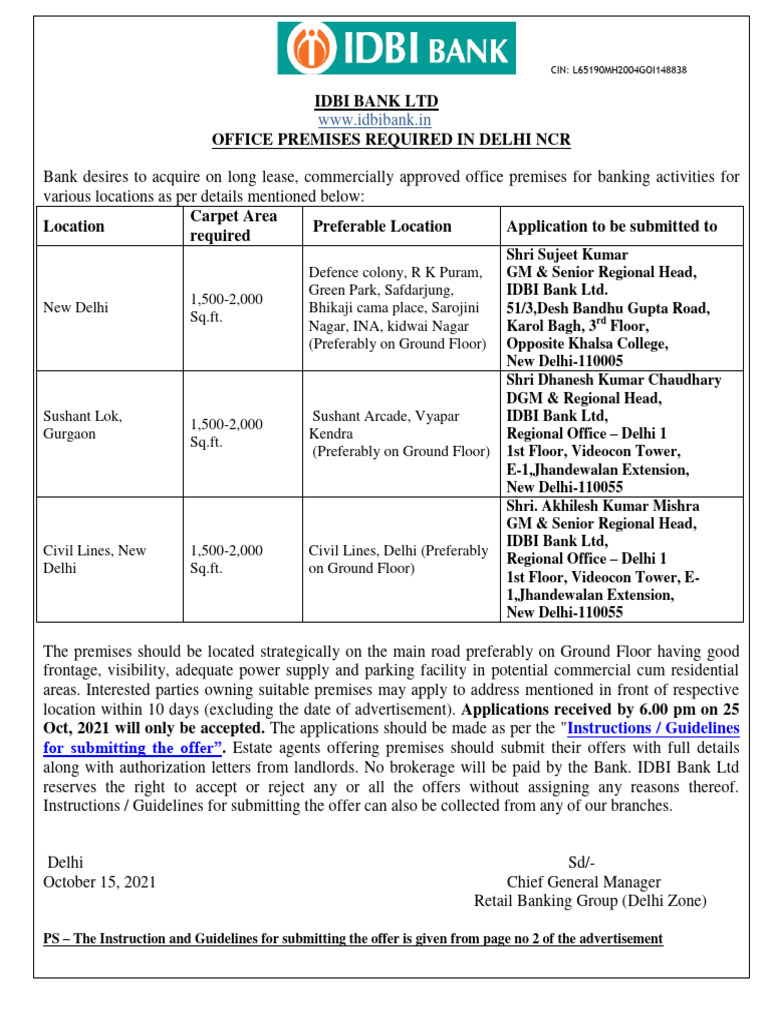 IDBI Bank Office Space Lease in Delhi NCR | PDF | Lease | Landlord