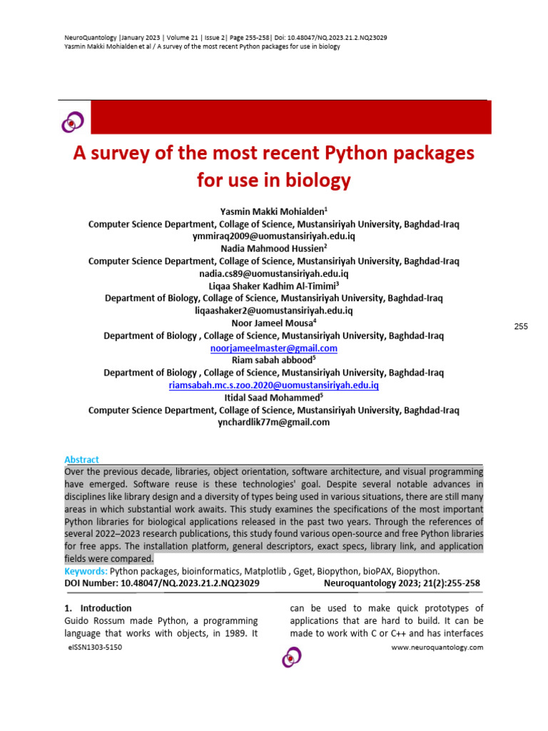 A Survey of The Most Recent Python Packages For Use in Biology | PDF ...