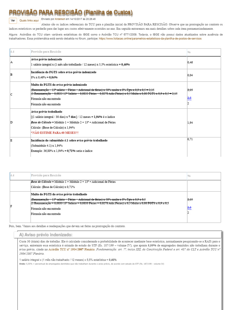 PROVISÃO PARA RESCISÃO (Planilha de Custos) 2 | PDF | Férias ...