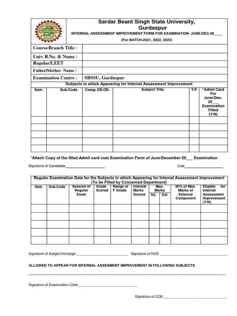 Internal Assessment Improvement Form | PDF | Evaluation Methods ...
