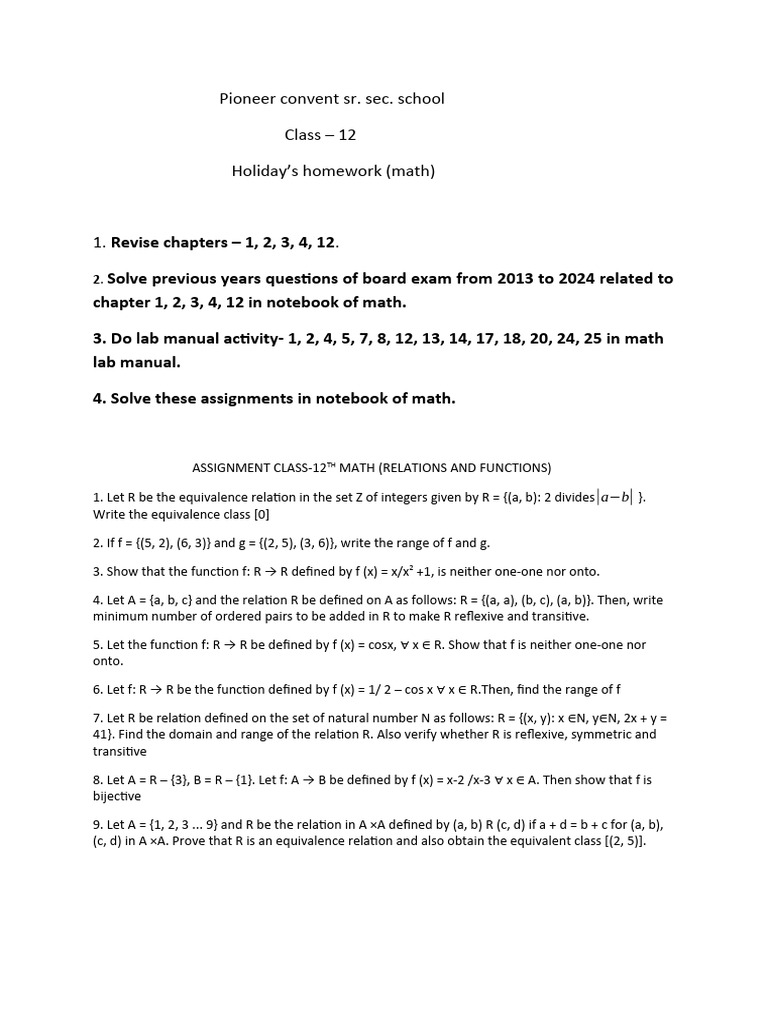 Class 12 Maths Holiday Homework | PDF | Matrix (Mathematics) | Determinant