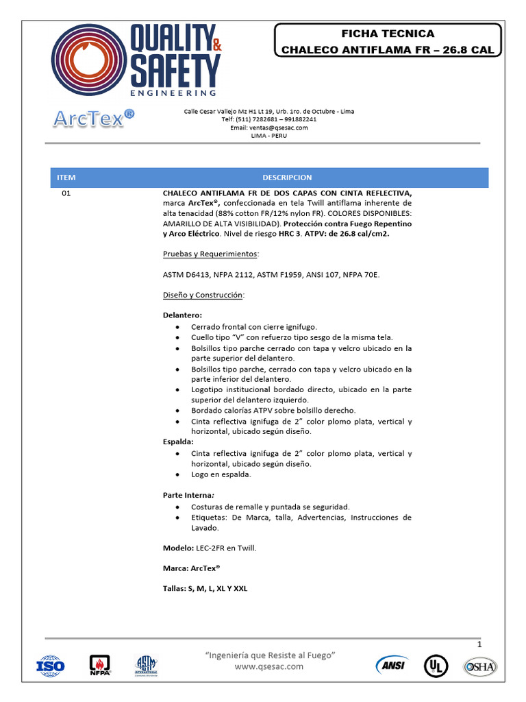 Ficha Tecnica Chaleco Antiflama FR - 268 Cal - Col - 240805 - 180919 | PDF