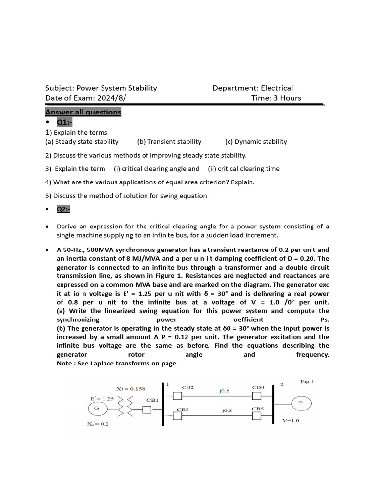 Power System Stability Exam Questions | PDF | Electric Generator ...