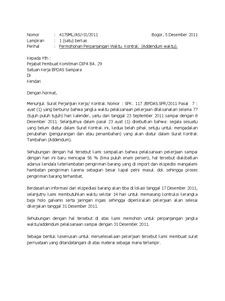 Contoh Surat Addendum Perpanjangan Waktu