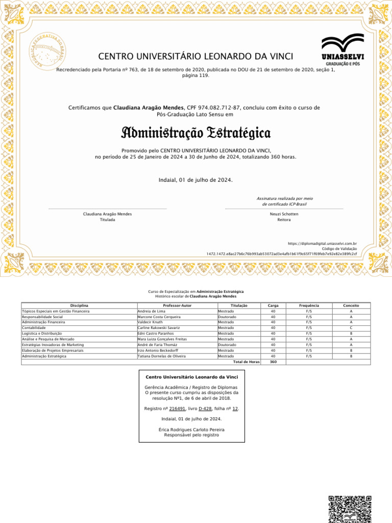 Certificado de Pós-Graduação em Administração | PDF | Pós-graduação ...