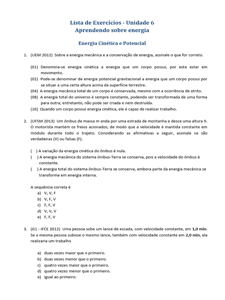 Lista - Exercicios de Física | PDF | Energia potencial | Energia cinética