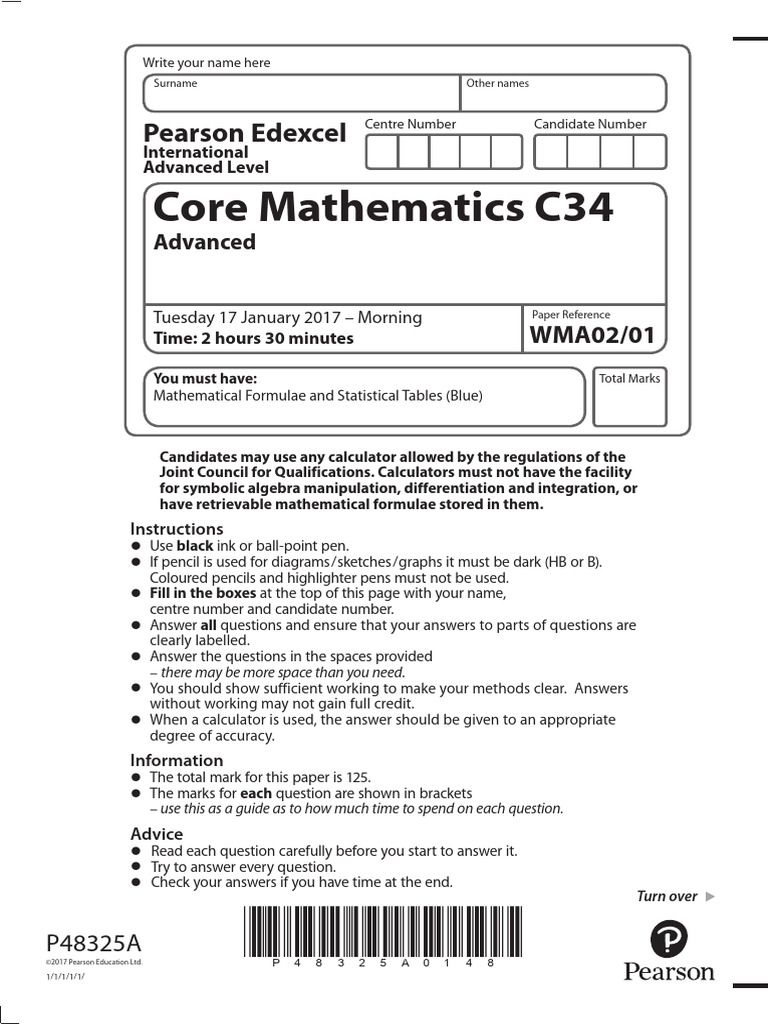 Core Mathematics C34 Exam Instructions | PDF | Mathematics | Equations
