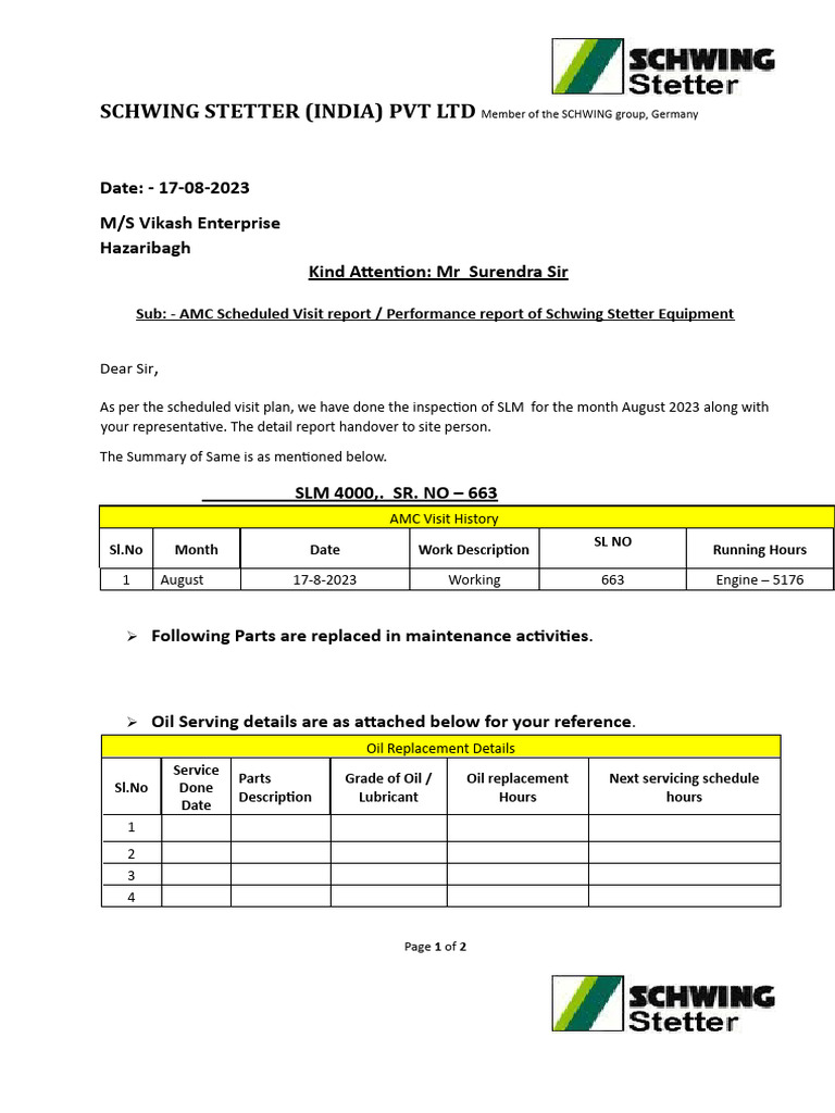 Schwing Stetter Equipment AMC Report August 2023 | PDF | Mechanical ...