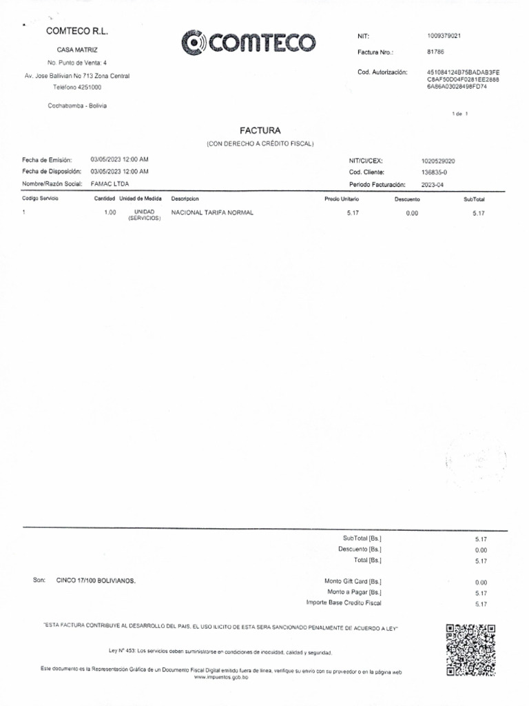 Factura Digital COMTECO R.L. 2023 | PDF