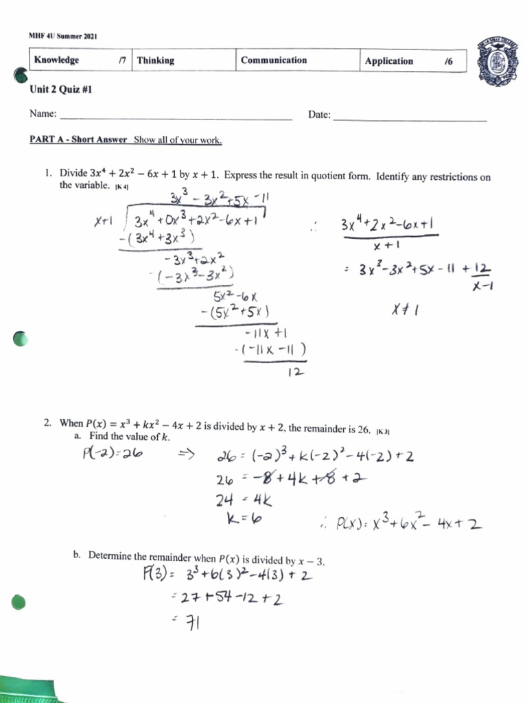 Unit 2 Math Quiz Solutions and Analysis | PDF | Teaching Methods ...