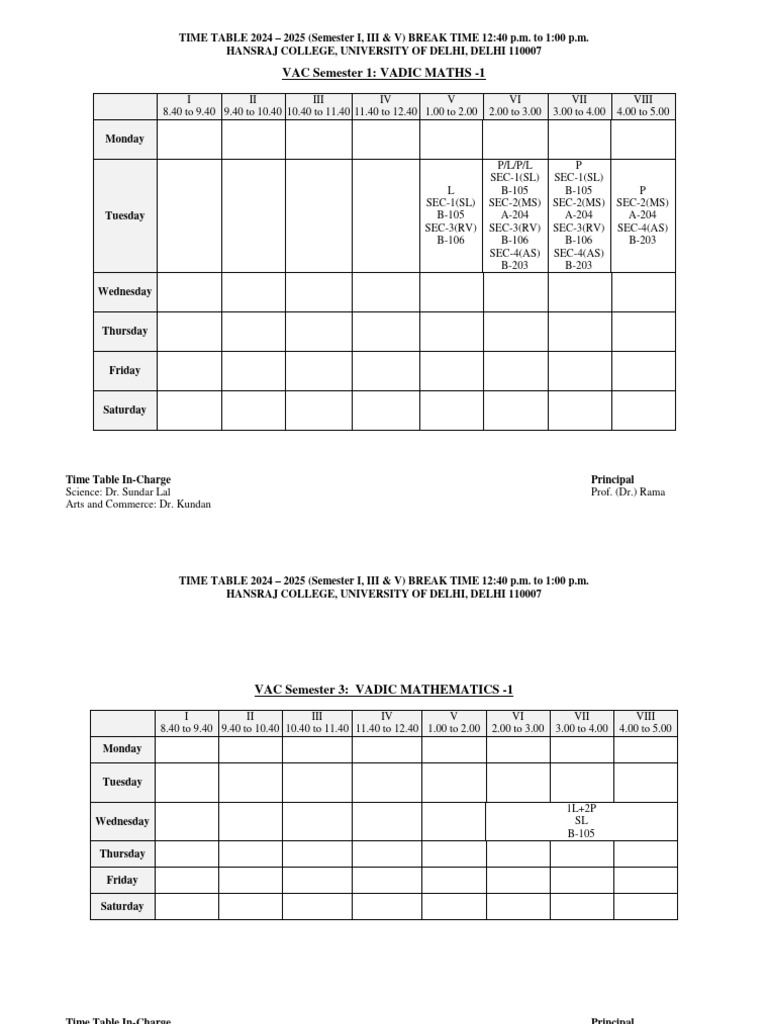 Hansraj College Semester Timetable | PDF