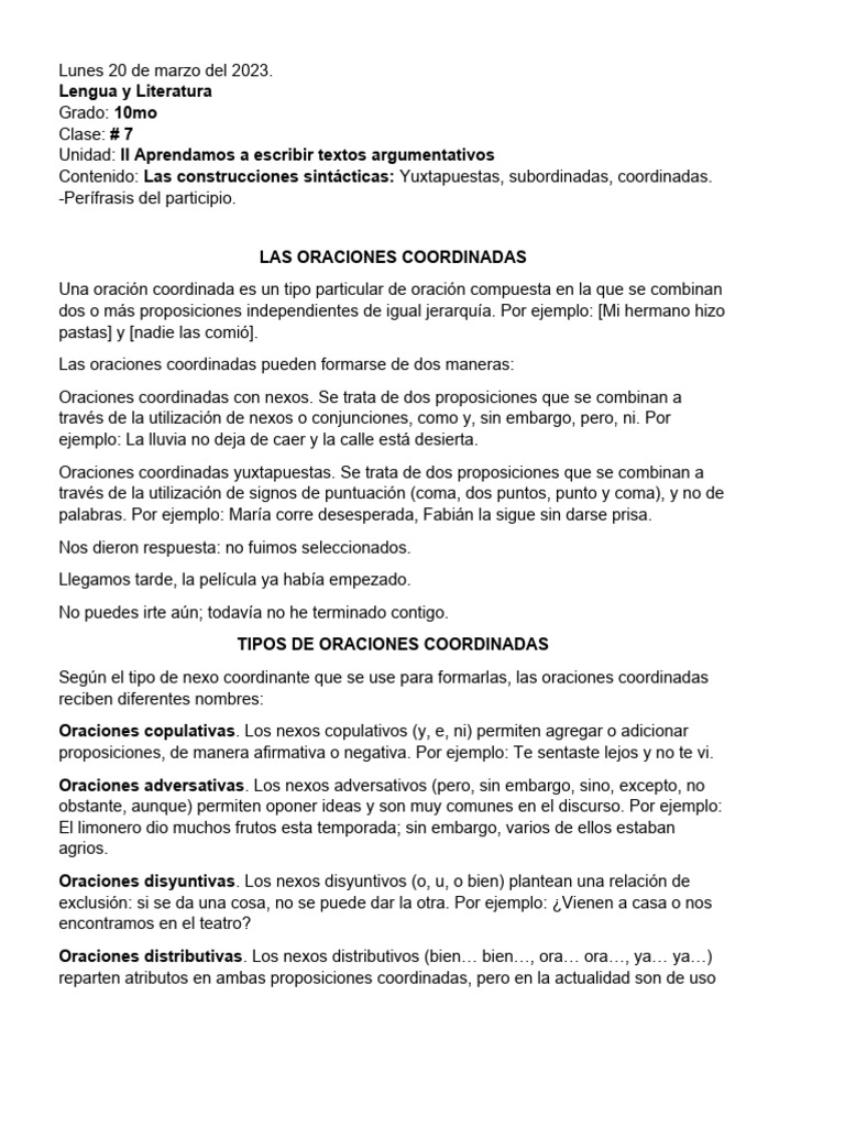 Oraciones Coordinadas y Subordinadas (2023) | PDF | Oración ...