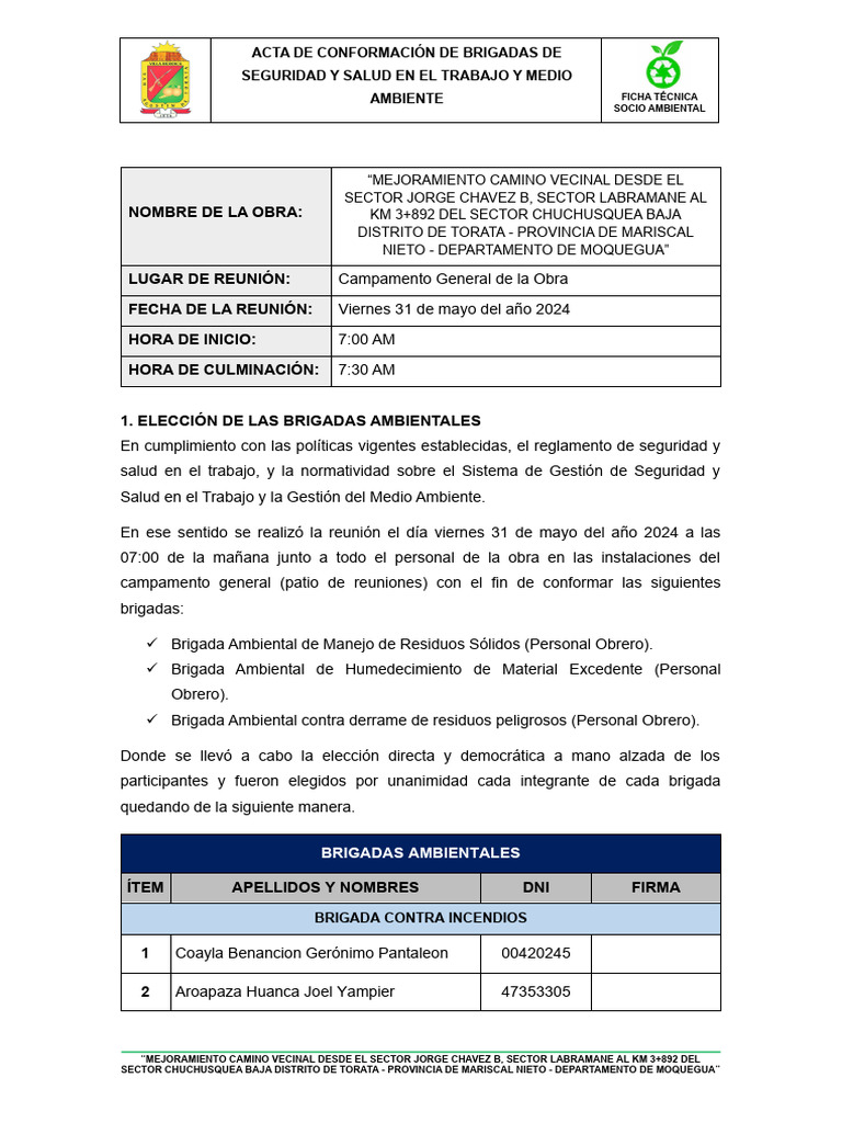 Formato de Acta de Conformacion de Brigadas de Seguridad y Salud ...