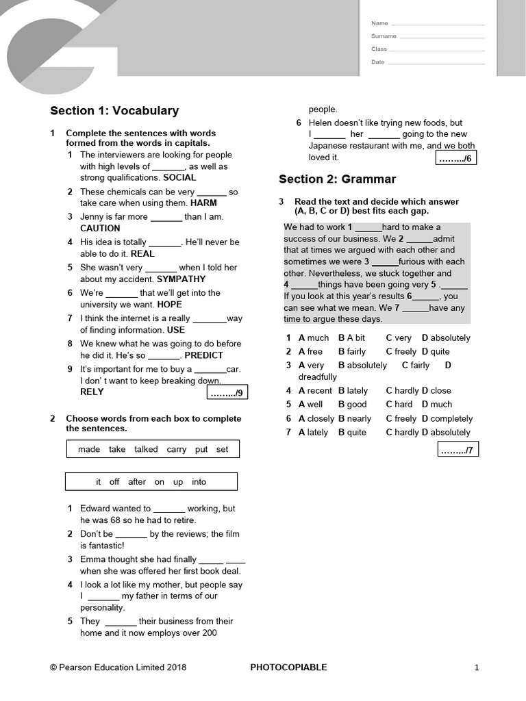 B2 Unit 2 Test: Vocabulary & Grammar | PDF