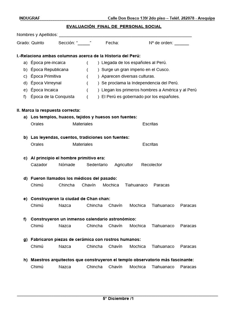 5° Grado - Eval. Personal Social | PDF | Imperio Inca | Perú