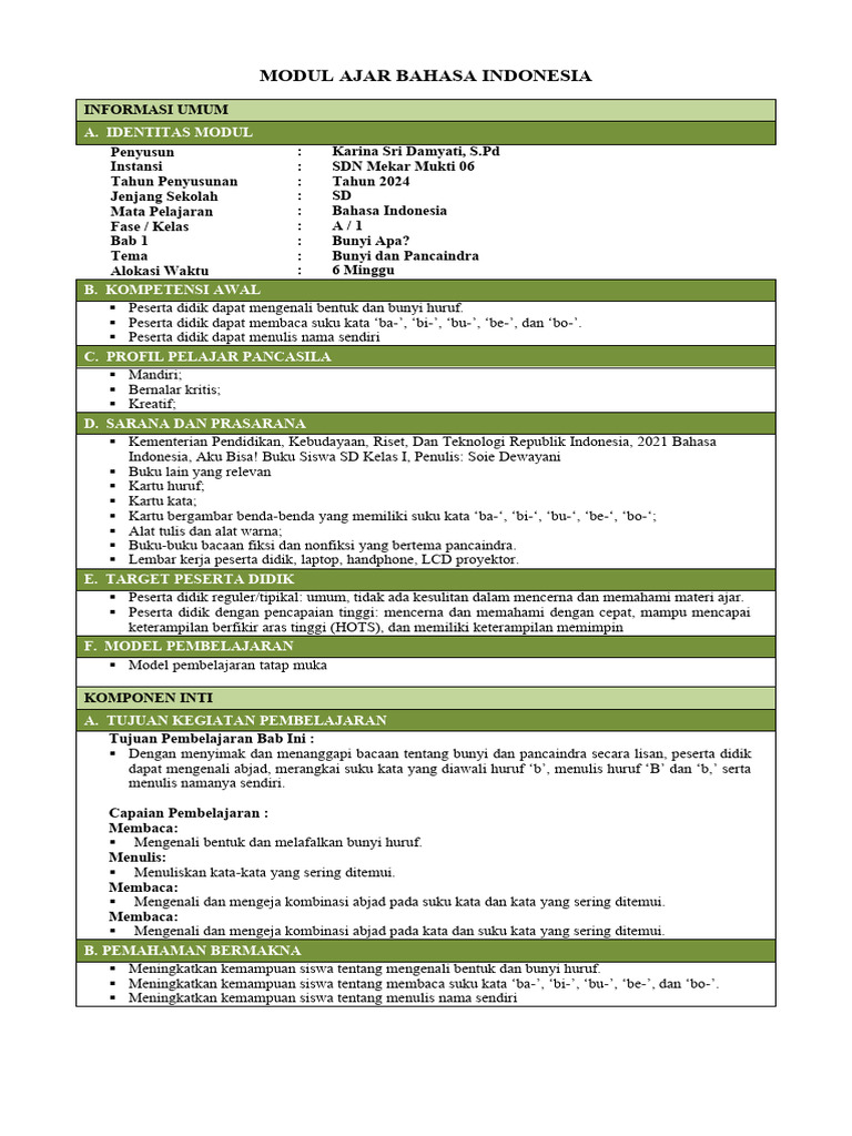 Modul Ajar Bahasa Indonesia SD Kelas 1 | PDF | Seni & Disiplin Bahasa ...