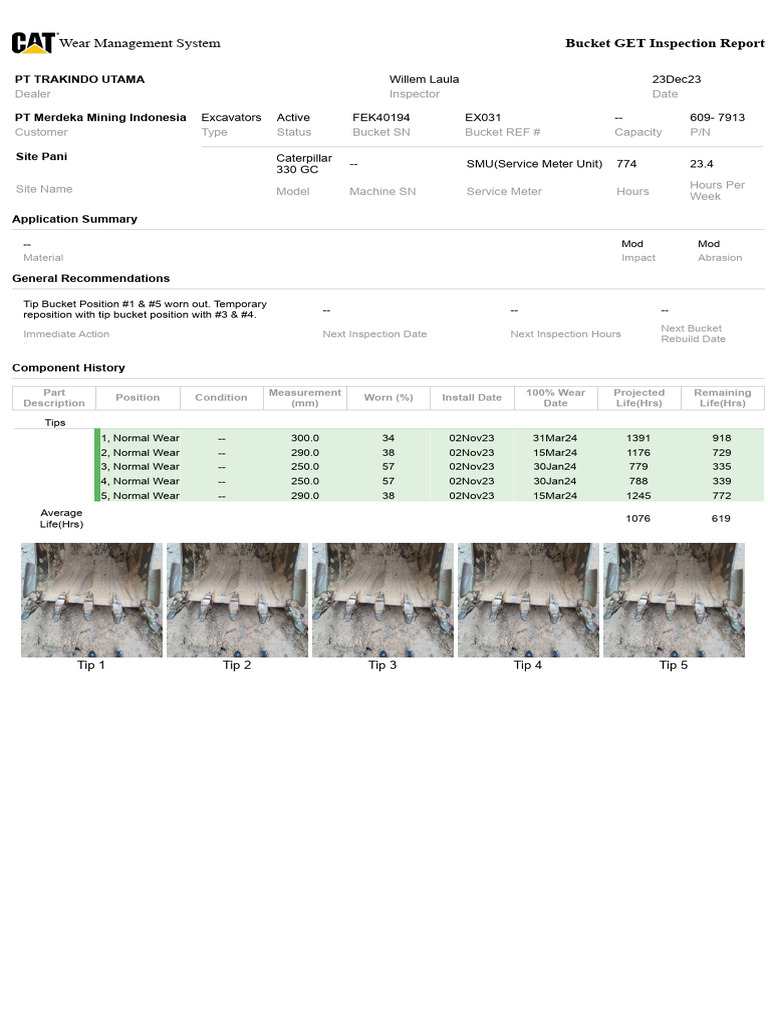 Caterpillar 330 GC Bucket Inspection Report | PDF