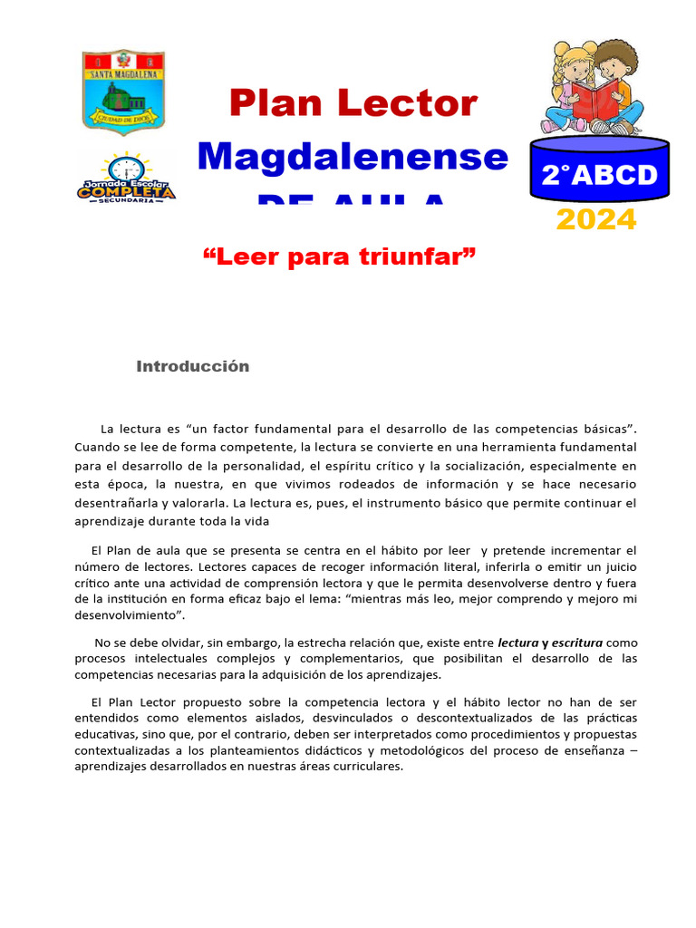 Plan Lector Aula 2° Abcd | PDF | Comprensión lectora | Salón de clases