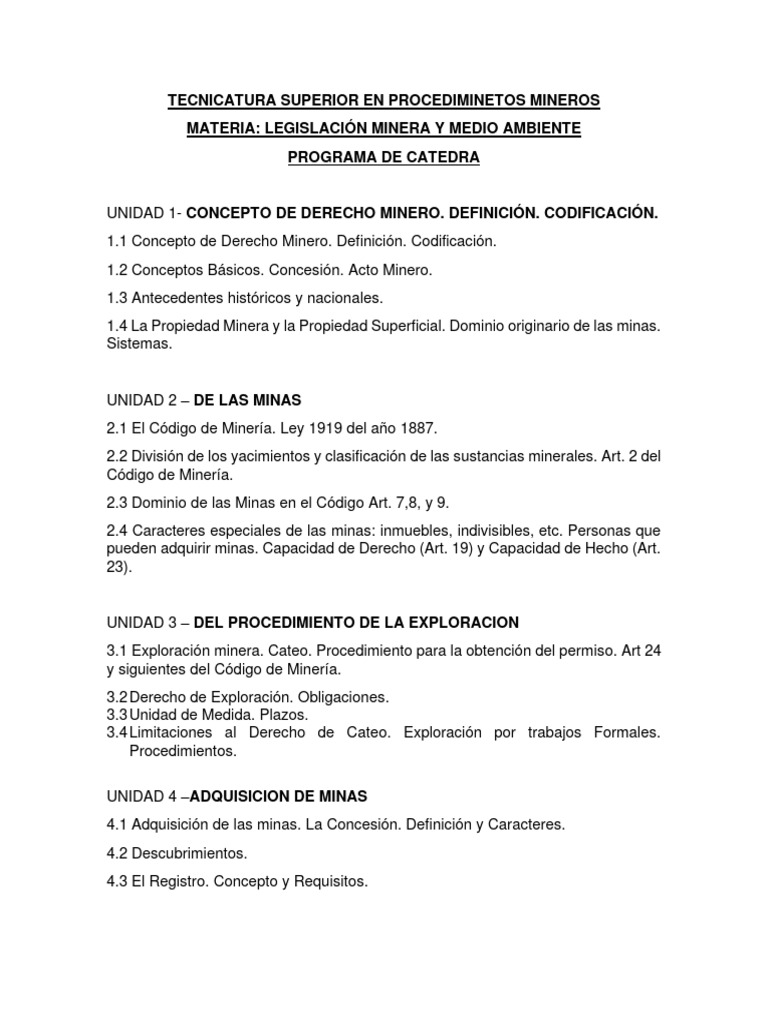 Legislación Minera y Medio Ambiente - Programa 2020 | PDF | Minería ...