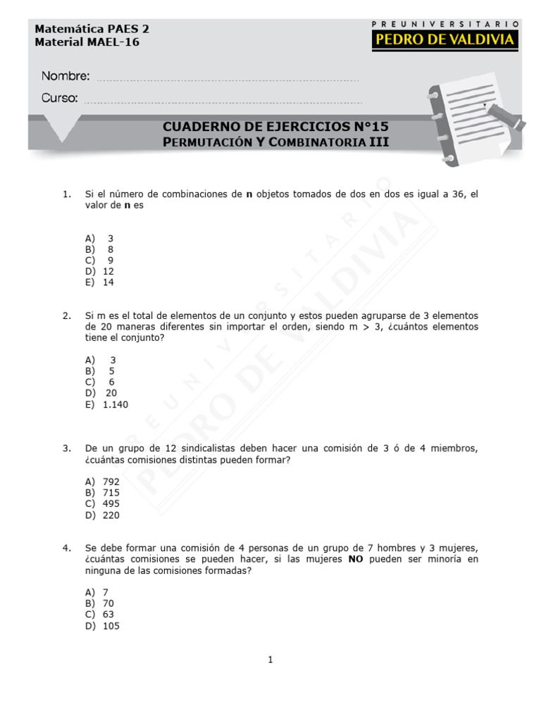 Ejercicios de Permutación y Combinatoria | PDF | Combinatoria | Permutación