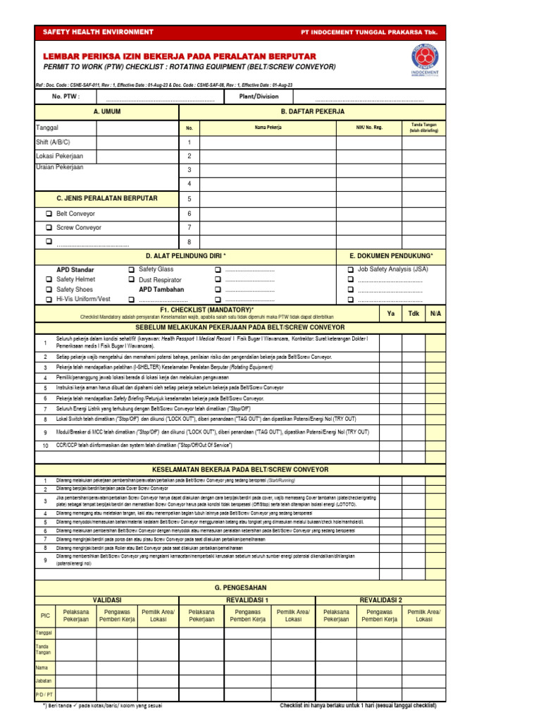 Checklist Keselamatan Belt/Screw Conveyor | PDF | Teknologi & Rekayasa