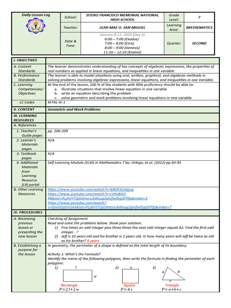 Grade 7 Math Lesson on Linear Equations | PDF | Length | Mathematics