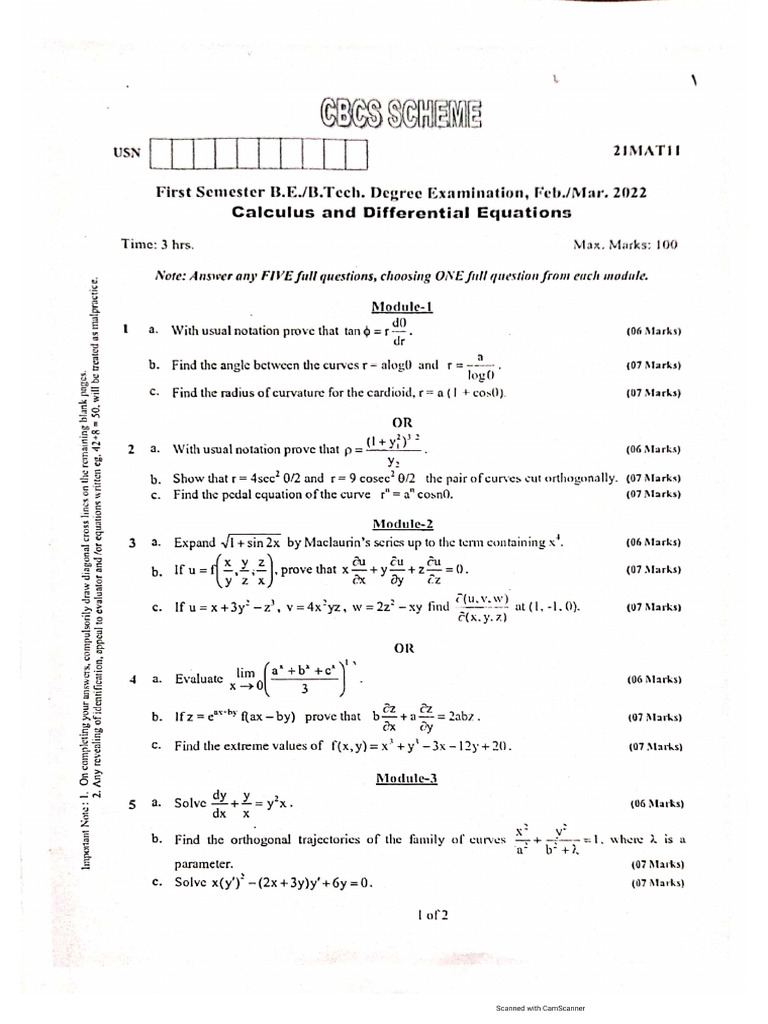 Calculus and Differential Equations 21MAT11First Semester QP | PDF