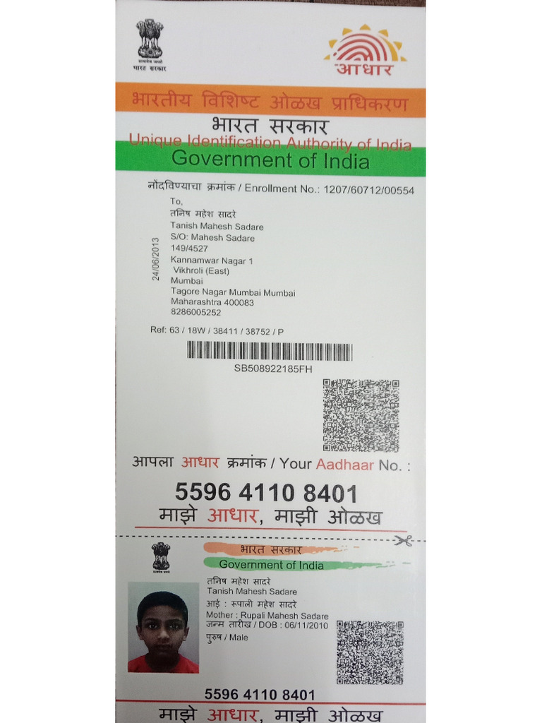 Tanish Sadare Aadhar Card | PDF