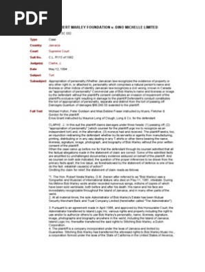 The Robert Marley Foundation Ltd V Dino Michelle Ltd Jm 199 Personality Rights Tort