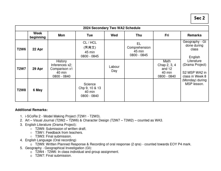 2024 Secondary Two WA2 Exam Schedule | PDF | Science | Liberal Arts ...