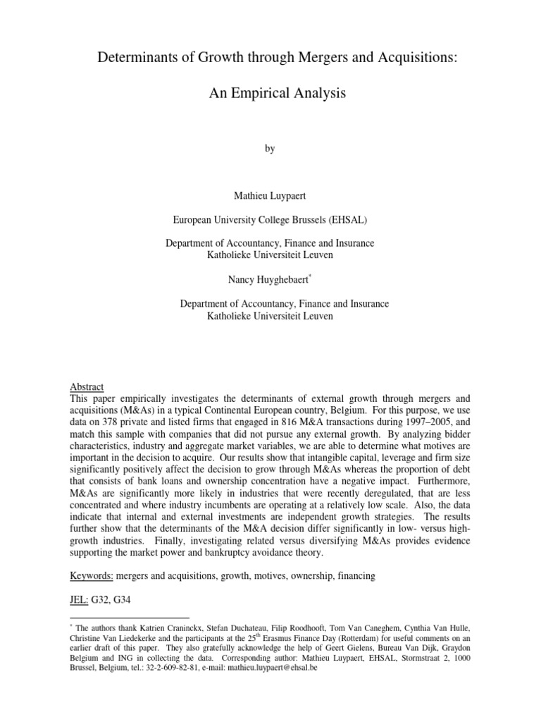 Determinants of Growth Through Mergers and Acquisition | PDF | Mergers ...