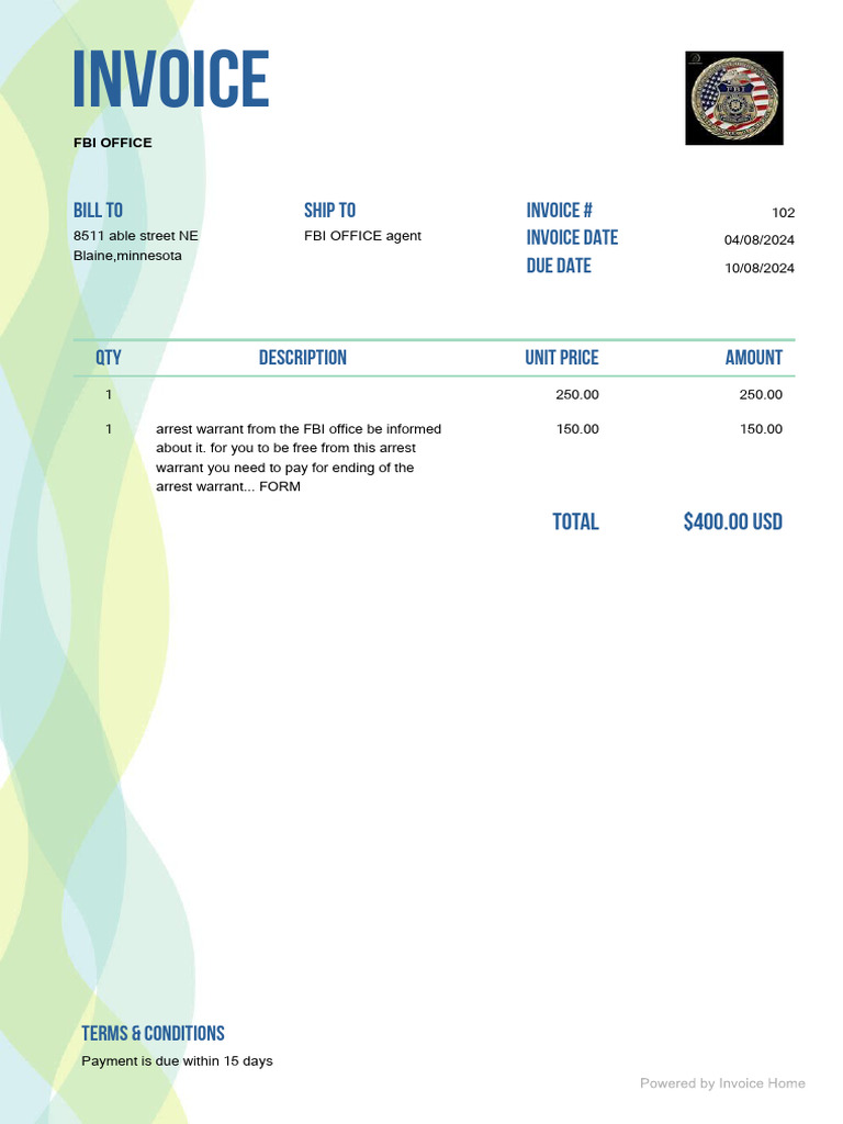FBI Invoice for Arrest Warrant Payment | PDF