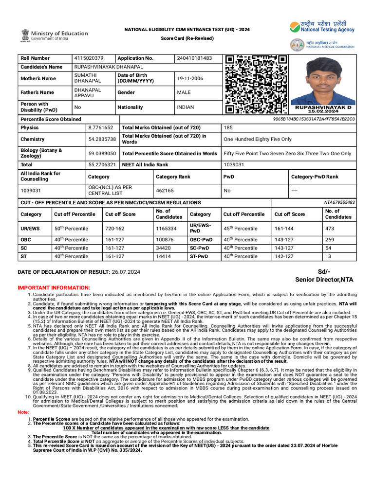 NEET UG 2024 Re-Revised Score Card | PDF | Justice | Crime & Violence