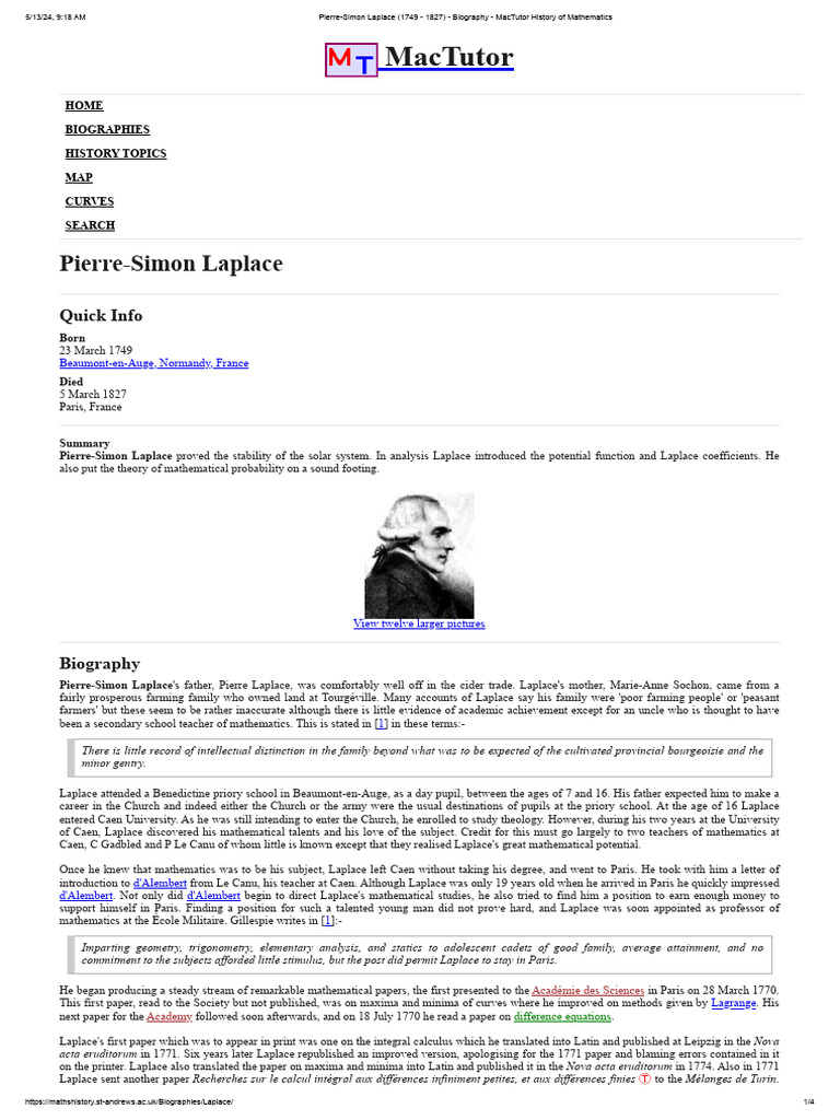 PIERRE SIMON LAPLACE CONTRIBUTIONS TO MATHEMATICS intelligence overview