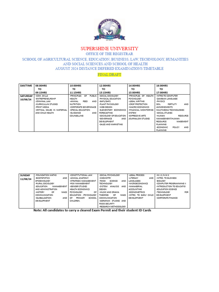 August 2024 Distance Exam Timetable | PDF | Science | Psychology